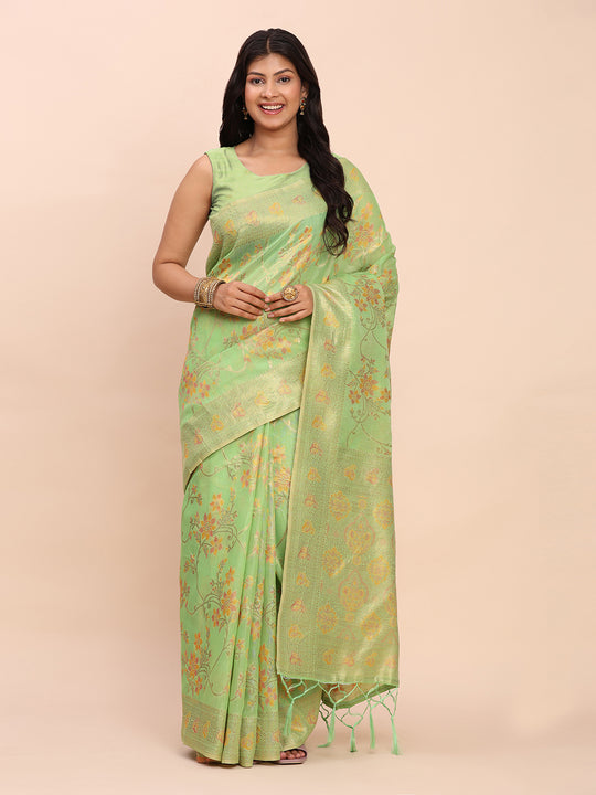 Green Linen Cotton Saree With Blouse Piece Green Linen Cotton Saree With Blouse Piece