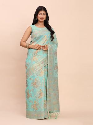 Sea Green Linen Cotton Saree With Blouse Piece