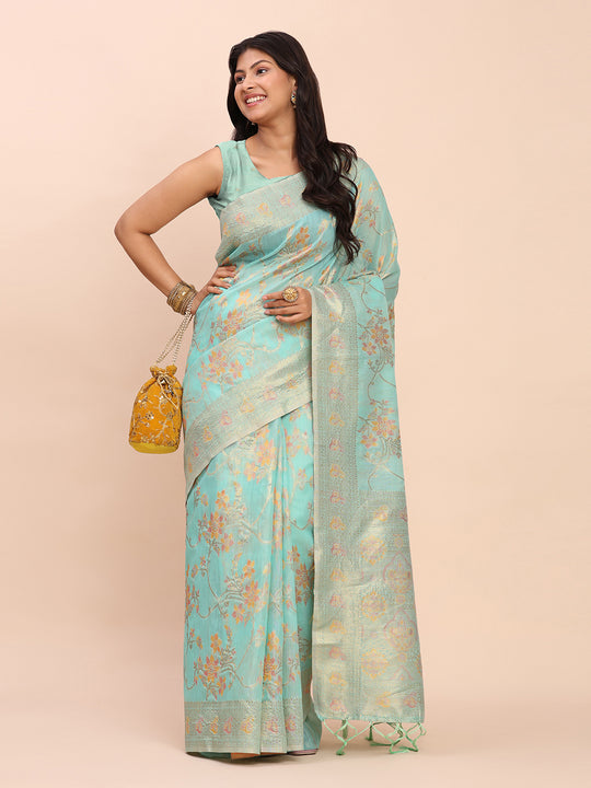 Sea Green Linen Cotton Saree With Blouse Piece Sea Green Linen Cotton Saree With Blouse Piece