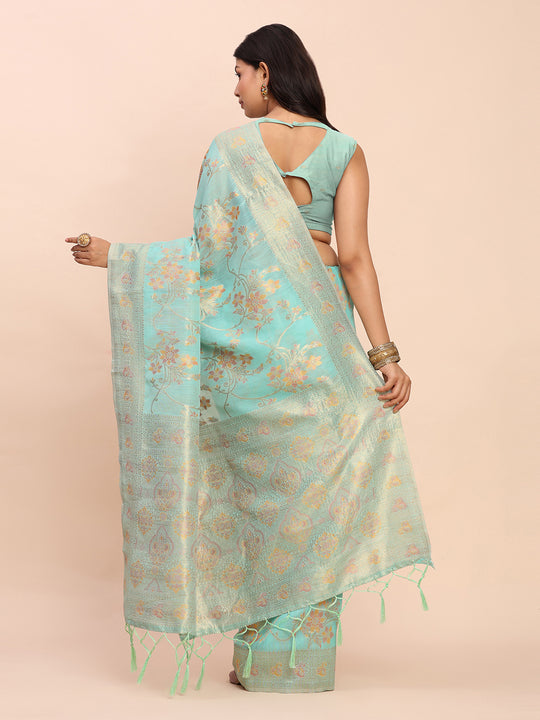 Sea Green Linen Cotton Saree With Blouse Piece Sea Green Linen Cotton Saree With Blouse Piece