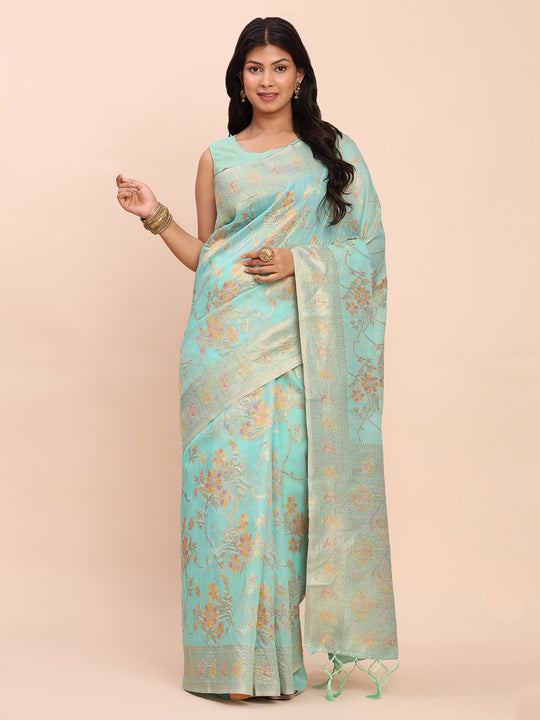 Sea Green Linen Cotton Saree With Blouse Piece Sea Green Linen Cotton Saree With Blouse Piece