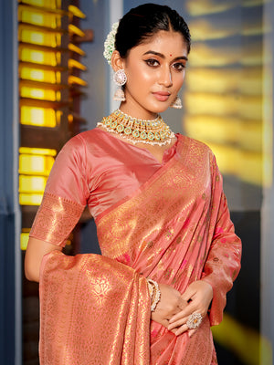 Peach Banarasi Silk Saree With Blouse Piece