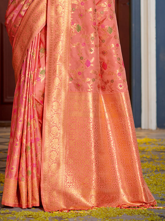 Peach Banarasi Silk Saree With Blouse Piece Peach Banarasi Silk Saree With Blouse Piece