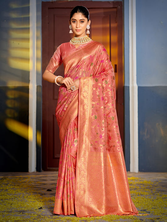 Peach Banarasi Silk Saree With Blouse Piece Peach Banarasi Silk Saree With Blouse Piece
