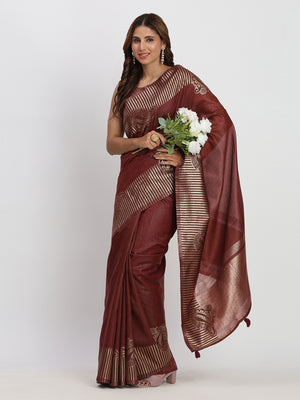 Maroon TAARINI Linen Cotton Saree with Blouse Piece