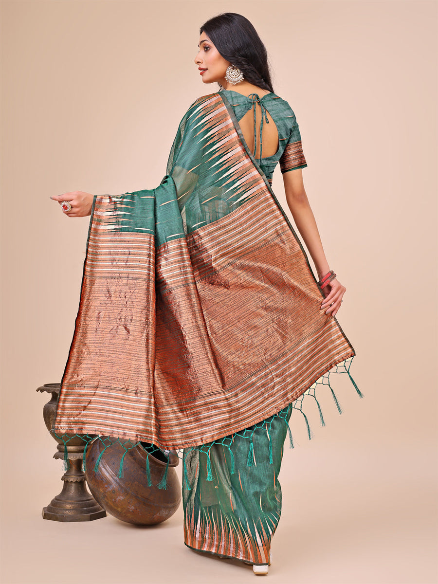 Pasi Green With Black Color Leriya Linen By Tussar Saree With Blouse