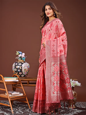 Peach Linen Cotton Saree With Blouse Piece