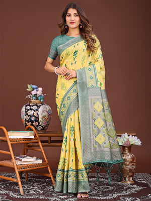 Yellow Linen Cotton Saree With Blouse Piece