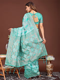 Sea Green Linen Cotton Saree With Blouse Piece Sea Green Linen Cotton Saree With Blouse Piece
