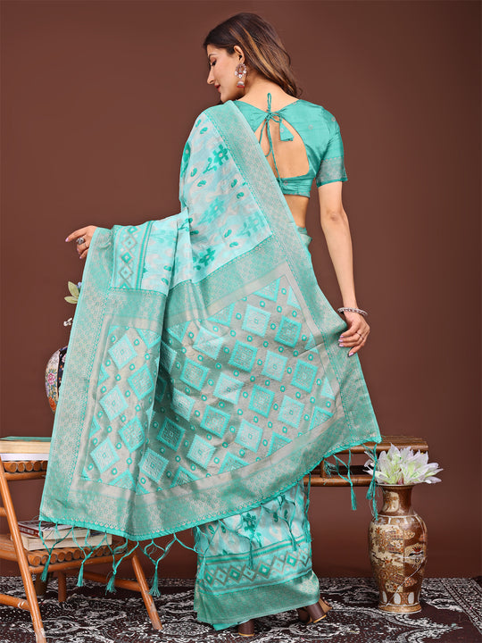 Sea Green Linen Cotton Saree With Blouse Piece Sea Green Linen Cotton Saree With Blouse Piece