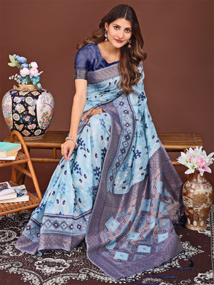 Sky Blue Linen Cotton Saree With Blouse Piece