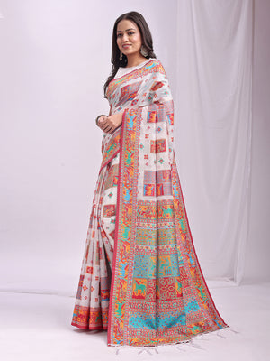 White Linen Cotton Saree With Blouse Piece