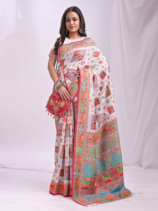White Linen Cotton Saree With Blouse Piece White Linen Cotton Saree With Blouse Piece
