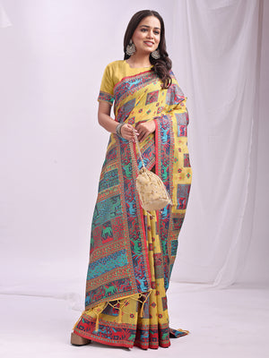 Yellow Linen Cotton Saree With Blouse Piece