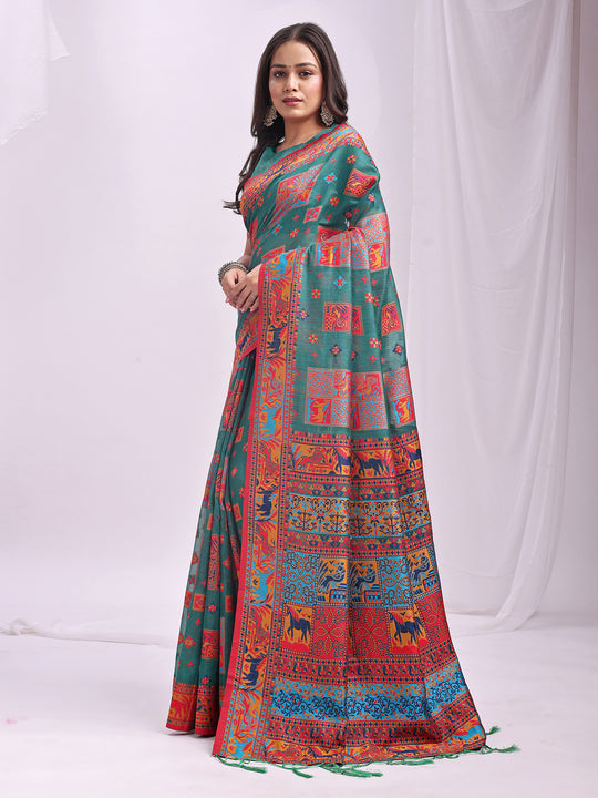 Rama Green Linen Cotton Saree With Blouse Piece Rama Green Linen Cotton Saree With Blouse Piece