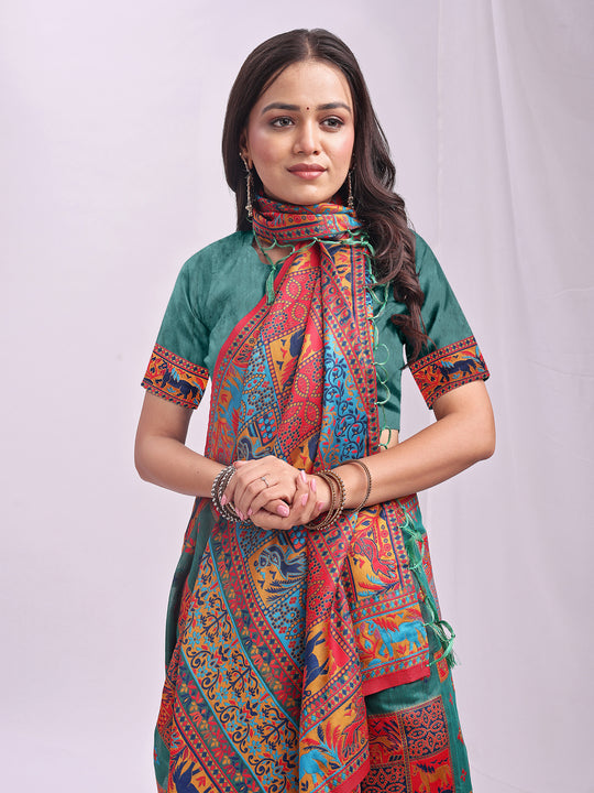 Rama Green Linen Cotton Saree With Blouse Piece Rama Green Linen Cotton Saree With Blouse Piece