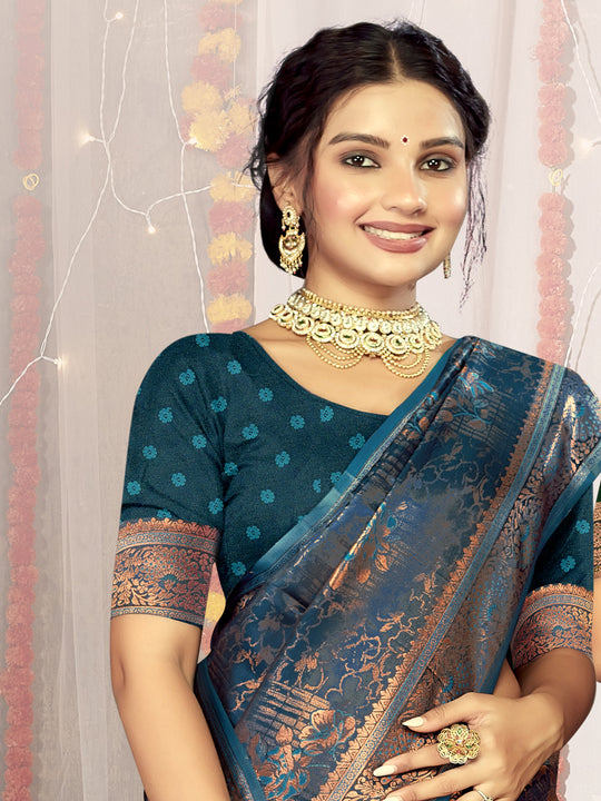 Blue Satin Saree With Blouse Piece Blue Satin Saree With Blouse Piece