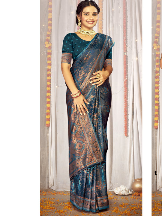 Blue Satin Saree With Blouse Piece Blue Satin Saree With Blouse Piece