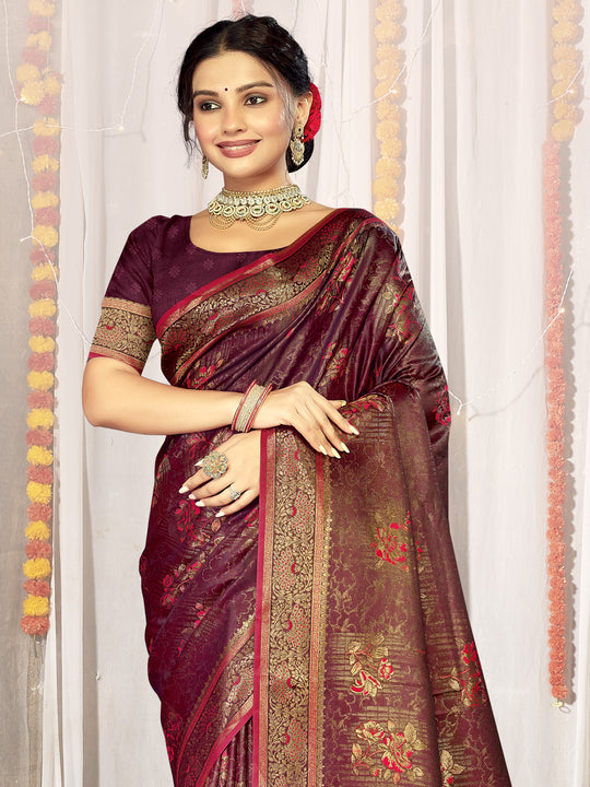 Burgundy Satin Saree With Blouse Piece Burgundy Satin Saree With Blouse Piece