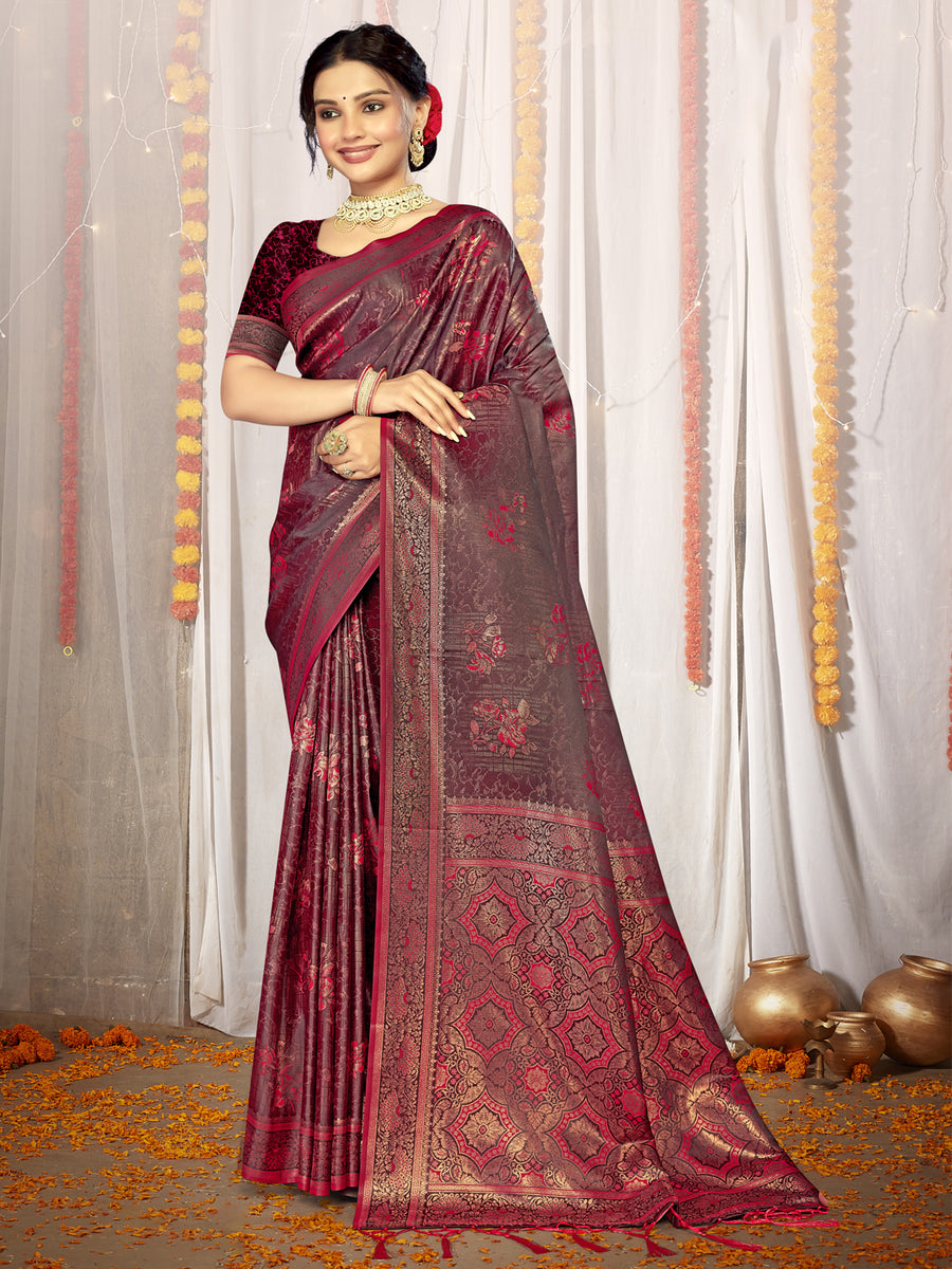 Women's Satin Magenta Printed Designer Saree With Blouse Piece