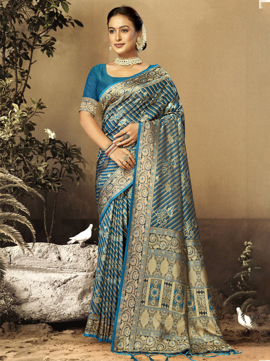 Blue Satin Saree With Blouse Piece Blue Satin Saree With Blouse Piece