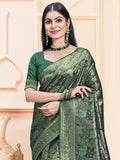 Green Satin Saree With Blouse Piece Green Satin Saree With Blouse Piece