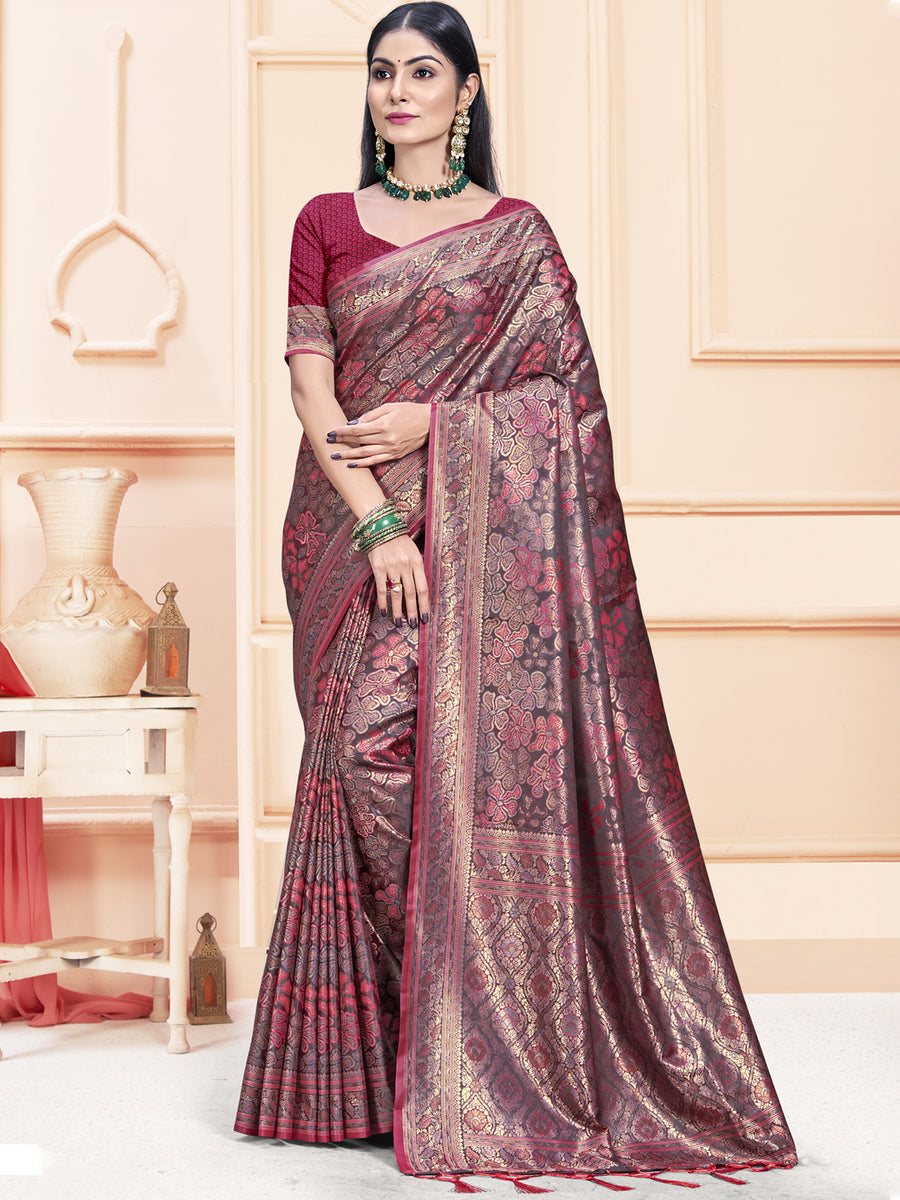 Magenta Gota Patti Embellished Saree With Contrast Lavender Blouse