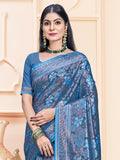 Blue Satin Saree With Blouse Piece Blue Satin Saree With Blouse Piece