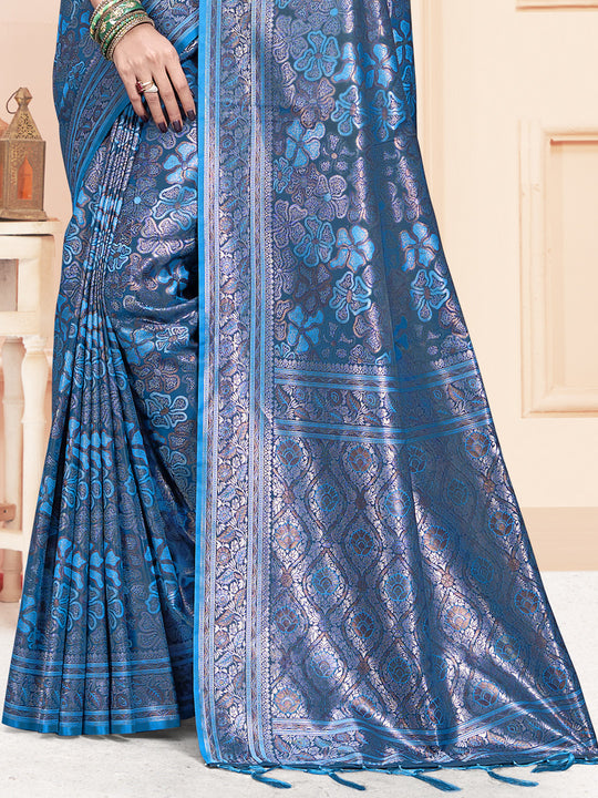 Blue Satin Saree With Blouse Piece Blue Satin Saree With Blouse Piece