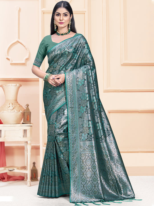 Green Satin Saree With Blouse Piece Green Satin Saree With Blouse Piece