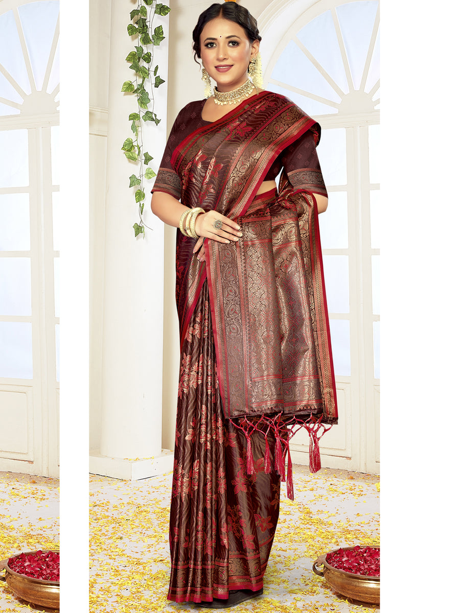 Women's Satin Silk Maroon Embellished Designer Saree With Blouse Piece
