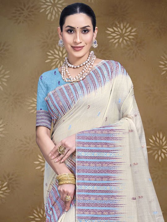 Cream Cotton Saree With Sky Blue Blouse Piece Cream Cotton Saree With Sky Blue Blouse Piece