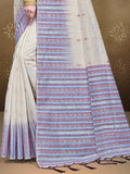 Cream Cotton Saree With Sky Blue Blouse Piece Cream Cotton Saree With Sky Blue Blouse Piece