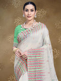 Cream Cotton Saree With Light Green Blouse Piece Cream Cotton Saree With Light Green Blouse Piece