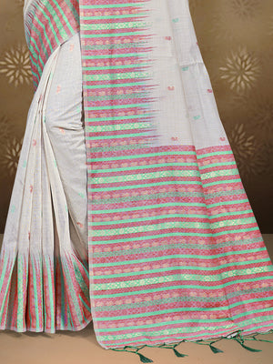 Cream Cotton Saree With Light Green Blouse Piece