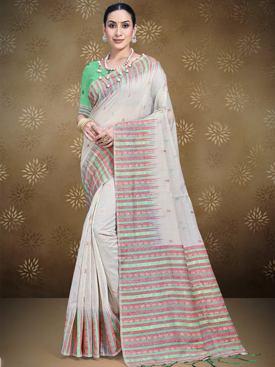 Cream Cotton Saree With Light Green Blouse Piece Cream Cotton Saree With Light Green Blouse Piece