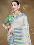 Cream Cotton Saree With Sea Green Blouse Piece Cream Cotton Saree With Sea Green Blouse Piece
