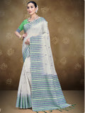 Cream Cotton Saree With Sea Green Blouse Piece Cream Cotton Saree With Sea Green Blouse Piece