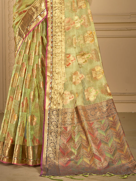 Green Organza Saree With Blouse Piece Green Organza Saree With Blouse Piece