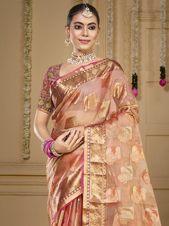 Peach Organza Saree With Blouse Piece Peach Organza Saree With Blouse Piece