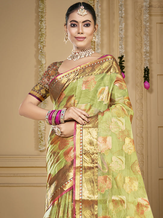 Green Organza Saree With Blouse Piece Green Organza Saree With Blouse Piece
