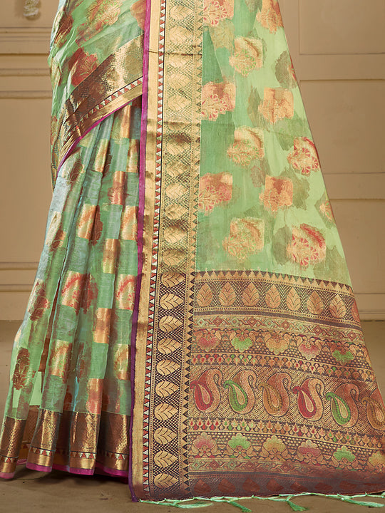 Green Organza Saree With Blouse Piece Green Organza Saree With Blouse Piece