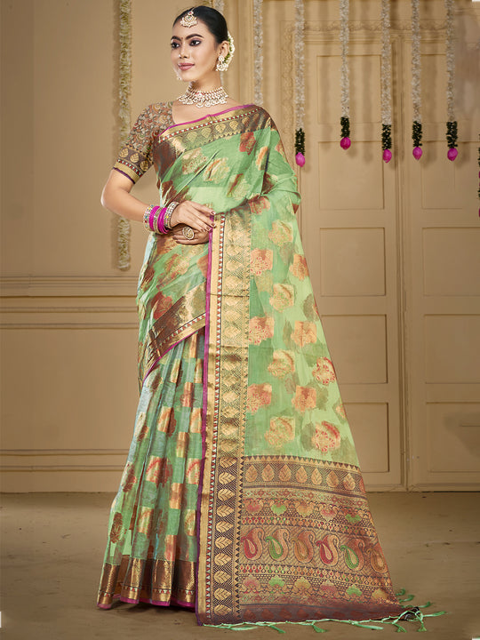 Green Organza Saree With Blouse Piece Green Organza Saree With Blouse Piece