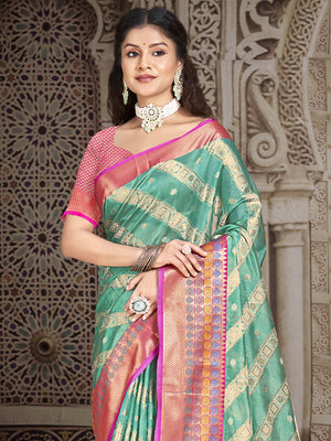 Teal Silk Saree With Blouse Piece