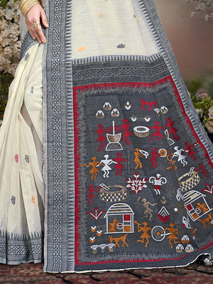 Cream Cotton Saree With Blouse Piece