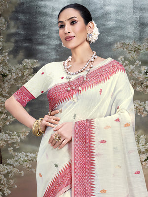 Cream Cotton Saree With Blouse Piece