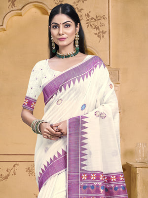 Cream Cotton Saree With Blouse Piece