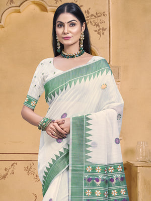 Cream Cotton Saree With Blouse Piece