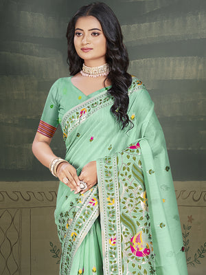 Pista Green Cotton Saree With Blouse Piece