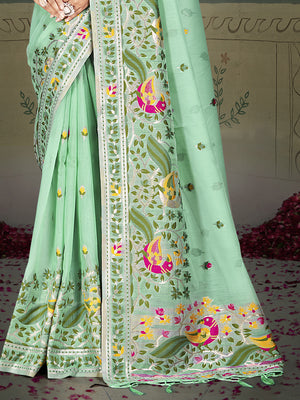 Pista Green Cotton Saree With Blouse Piece